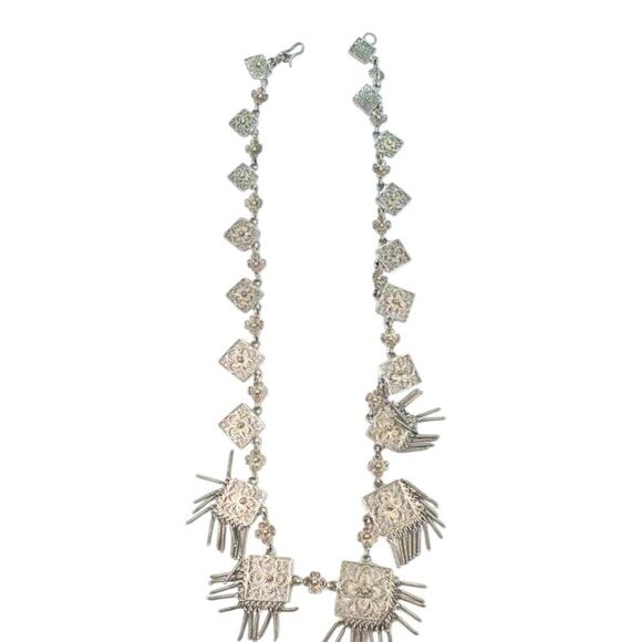 None and/or Unknown Jewelry - 800 Silver Filigree Square Fringe Pendant Necklace 18.5" Antique Vintage